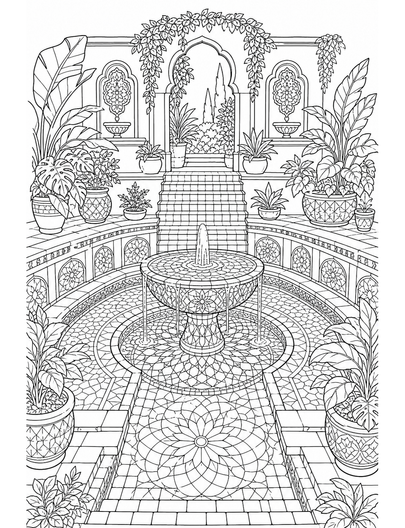 Sunken Courtyard With Mosaic Fountain printable coloring page from the adult coloring pages collection