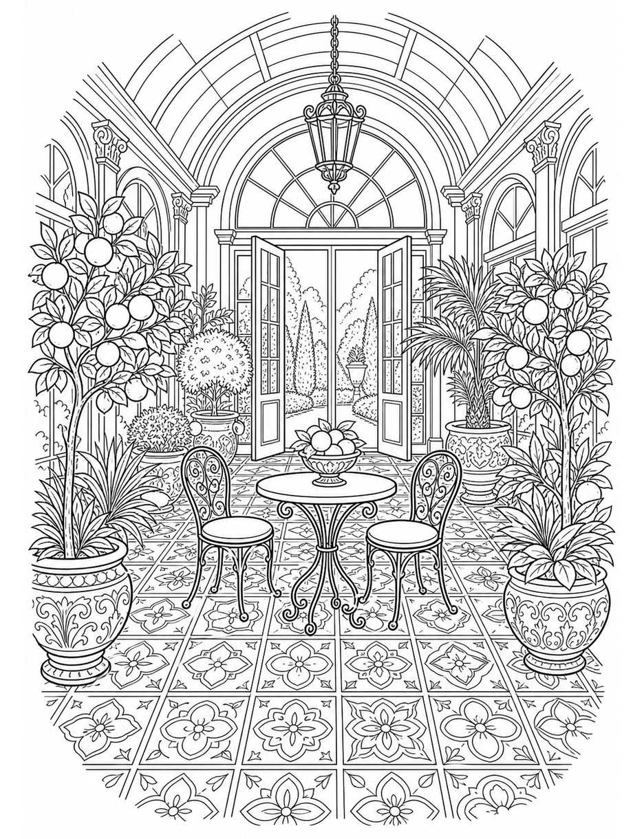 Sunlit Orangerie With Patterned Tile Floor printable coloring page from the adult coloring pages collection