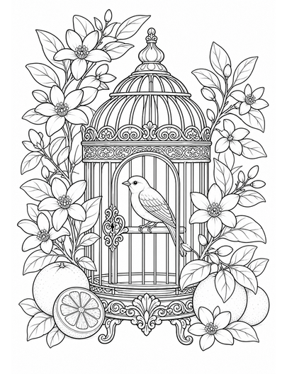 Victorian Birdcage With Citrus Blossoms printable coloring page from the adult coloring pages collection