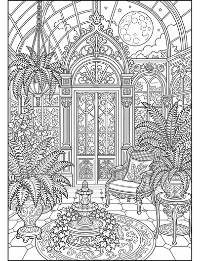 Victorian Conservatory With Ferns And Moon printable coloring page from the adult coloring pages collection