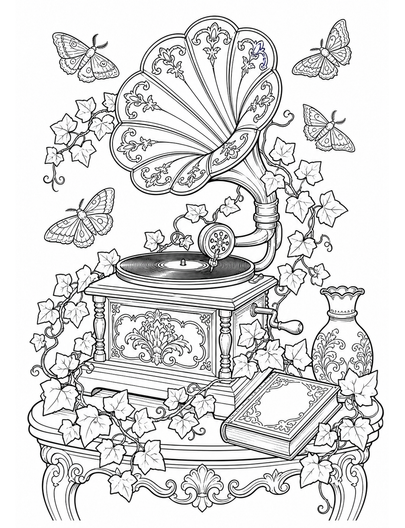 Victorian Gramophone With Ivy And Moths printable coloring page from the adult coloring pages collection