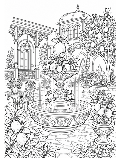 Victorian Lemon Fountain Courtyard printable coloring page from the adult coloring pages collection