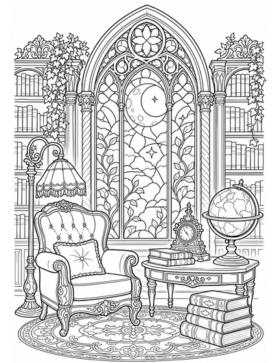 Victorian Library With Moonlit Stained Glass printable coloring page from the adult coloring pages collection