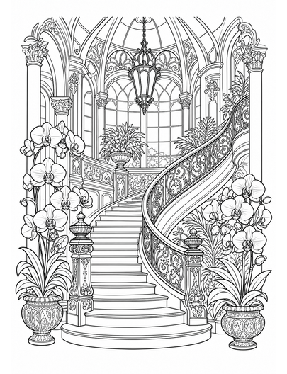 Victorian Orchid Staircase Atrium printable coloring page from the adult coloring pages collection