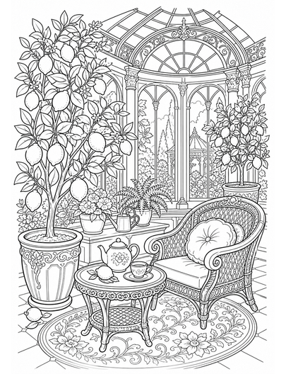Victorian Sunroom With Lemon Trees printable coloring page from the adult coloring pages collection