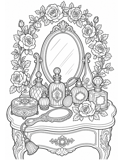 Vintage Perfume Vanity With Rose Garland printable coloring page from the adult coloring pages collection