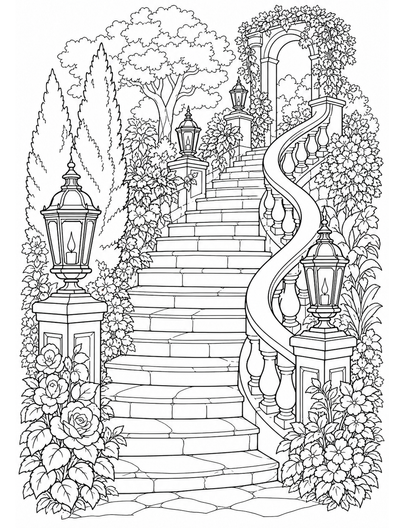 Winding Garden Staircase With Lanterns printable coloring page from the adult coloring pages collection