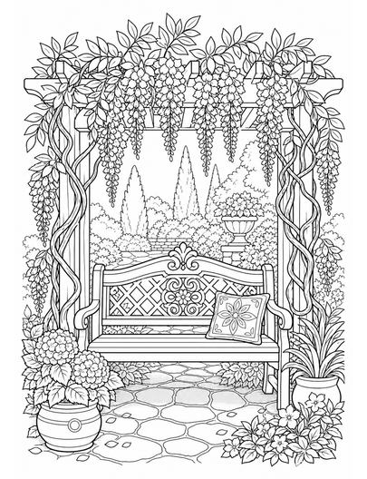 Wisteria Pergola Over Garden Bench printable coloring page from the adult coloring pages collection