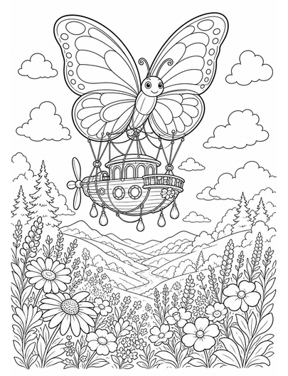 Butterfly Airship Over Wildflower Valley printable coloring page from the butterfly coloring pages collection