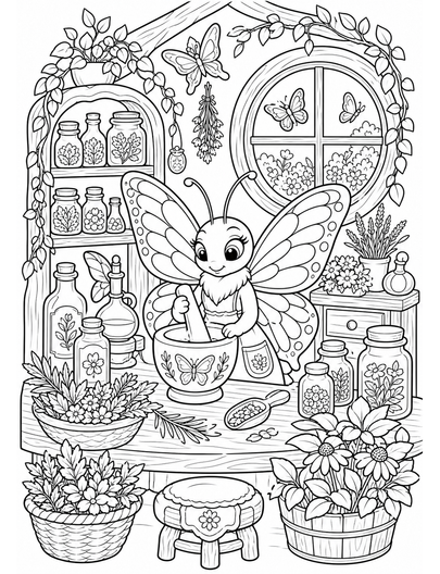 Butterfly Apothecary In A Herb Cottage printable coloring page from the butterfly coloring pages collection