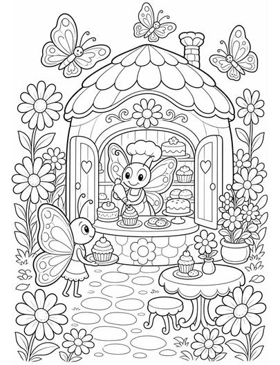 Butterfly Bakery In A Daisy Courtyard printable coloring page from the butterfly coloring pages collection