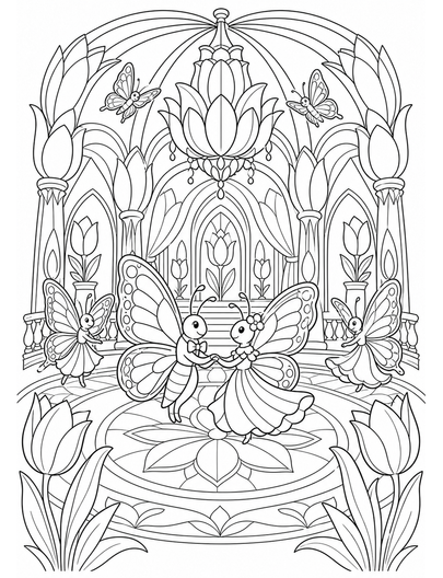 Butterfly Ballroom In A Tulip Palace printable coloring page from the butterfly coloring pages collection