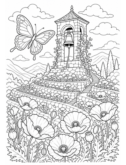 Butterfly Bell Tower Above Poppy Terraces printable coloring page from the butterfly coloring pages collection