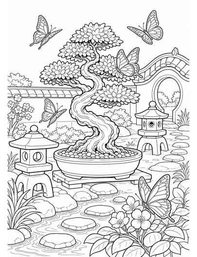 Butterfly Bonsai Courtyard With Stone Lanterns printable coloring page from the butterfly coloring pages collection