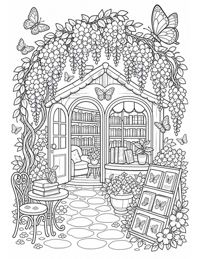 Butterfly Bookshop Under A Wisteria Arch printable coloring page from the butterfly coloring pages collection