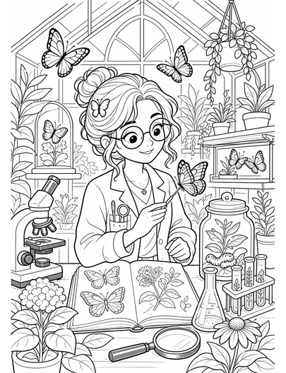 Butterfly Botanist In A Greenhouse Lab printable coloring page from the butterfly coloring pages collection