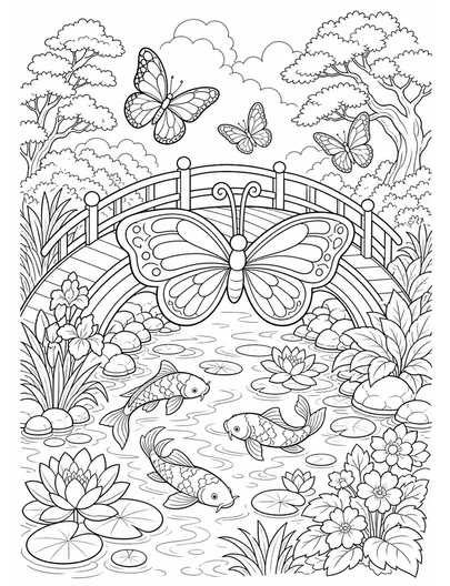 Butterfly Bridge Over A Koi Pond printable coloring page from the butterfly coloring pages collection