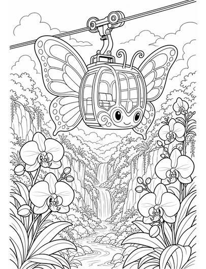 Butterfly Cable Car Above Orchid Ravine printable coloring page from the butterfly coloring pages collection