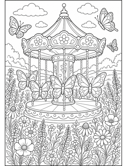 Butterfly Carousel In A Wildflower Field printable coloring page from the butterfly coloring pages collection