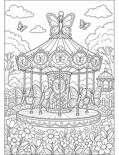 Butterfly Carousel In Flower Park printable coloring page from the butterfly coloring pages collection