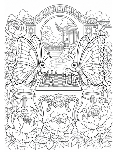 Butterfly Chess Match In A Peony Courtyard printable coloring page from the butterfly coloring pages collection