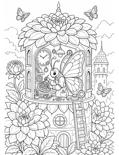 Butterfly Clockmaker In A Dahlia Tower printable coloring page from the butterfly coloring pages collection