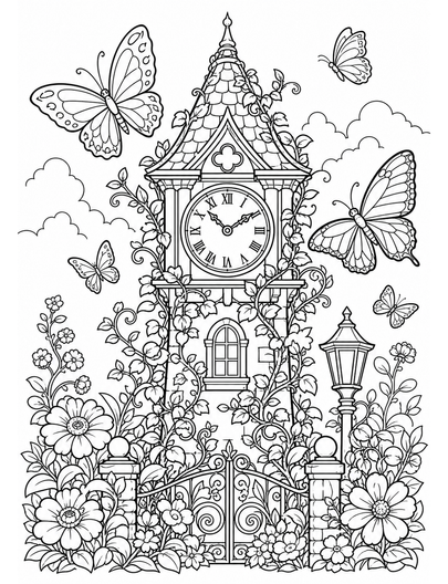 Butterfly Clocktower Garden With Vines printable coloring page from the butterfly coloring pages collection