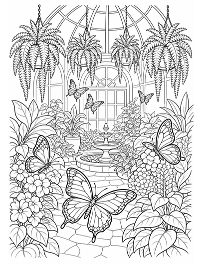 Butterfly Conservatory With Hanging Ferns printable coloring page from the butterfly coloring pages collection