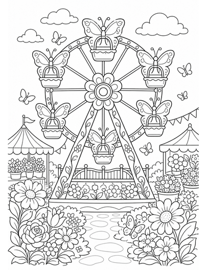 Butterfly Ferris Wheel In Flower Fair printable coloring page from the butterfly coloring pages collection