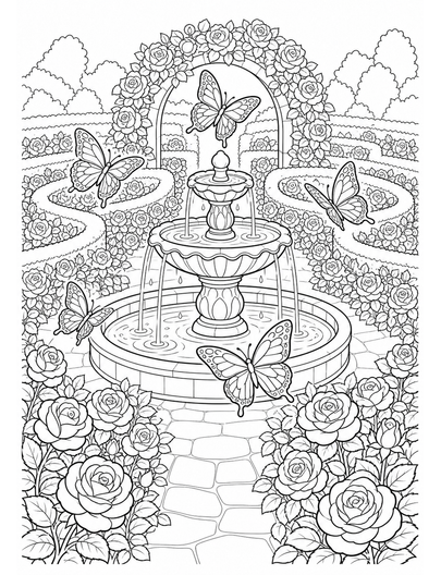 Butterfly Fountain In A Rose Maze printable coloring page from the butterfly coloring pages collection