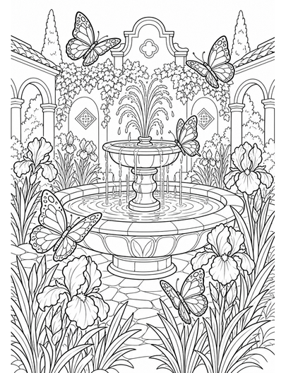 Butterfly Fountain In Iris Courtyard printable coloring page from the butterfly coloring pages collection