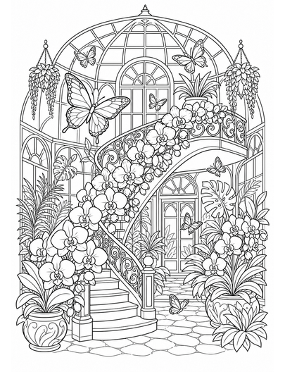 Butterfly Glasshouse With Orchid Staircase printable coloring page from the butterfly coloring pages collection