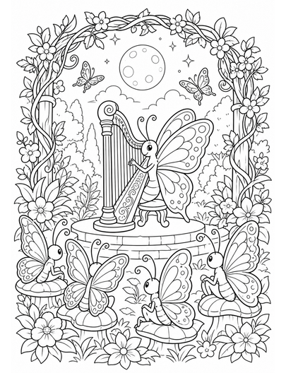 Butterfly Harp Concert In A Moonlit Arbor printable coloring page from the butterfly coloring pages collection