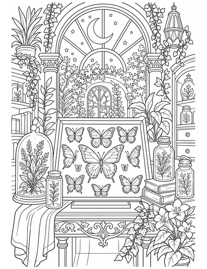 Butterfly Herbarium In Moonlit Atrium printable coloring page from the butterfly coloring pages collection
