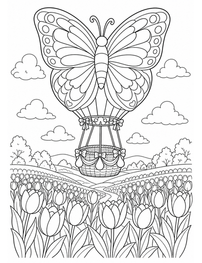 Butterfly Hot Air Balloon Over Tulip Fields printable coloring page from the butterfly coloring pages collection