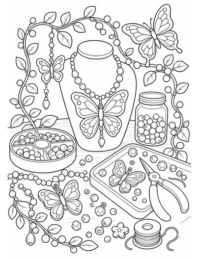 Butterfly Jewelry Workshop With Beaded Vines printable coloring page from the butterfly coloring pages collection