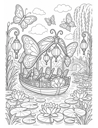 Butterfly Lantern Ferry On Lily Canal printable coloring page from the butterfly coloring pages collection