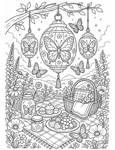 Butterfly Lantern Picnic In Wildflower Glade printable coloring page from the butterfly coloring pages collection