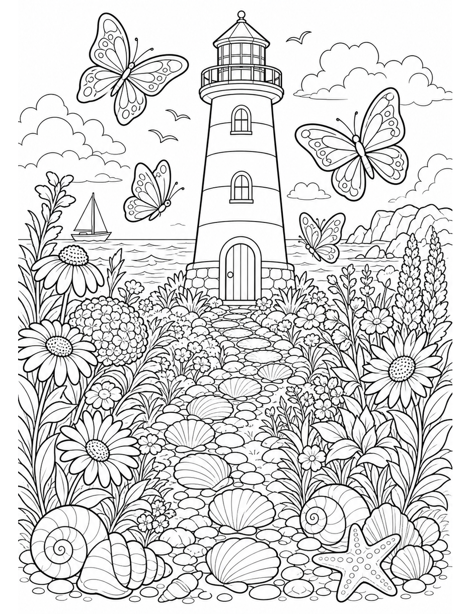 Butterfly Lighthouse Garden With Seashell Path printable coloring page from the butterfly coloring pages collection