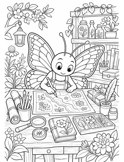 Butterfly Mapmaker At A Garden Workbench printable coloring page from the butterfly coloring pages collection