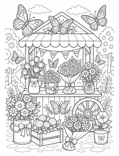 Butterfly Market Stall With Flower Bouquets printable coloring page from the butterfly coloring pages collection