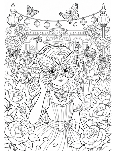 Butterfly Mask Festival In Camellia Court printable coloring page from the butterfly coloring pages collection