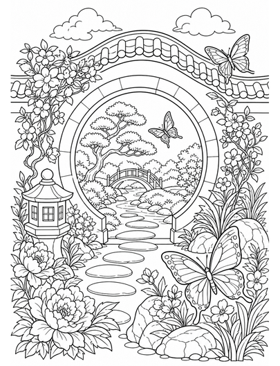 Butterfly Moon Gate Garden printable coloring page from the butterfly coloring pages collection