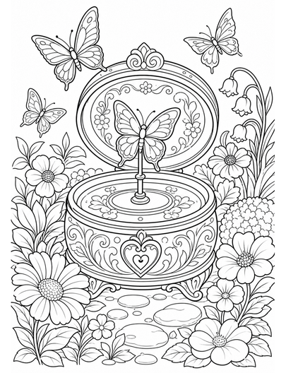 Butterfly Music Box Garden printable coloring page from the butterfly coloring pages collection