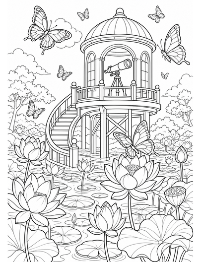Butterfly Observatory Above Lotus Pond printable coloring page from the butterfly coloring pages collection