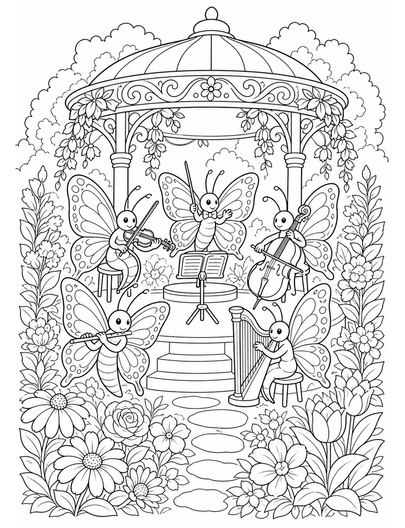 Butterfly Orchestra In A Garden Pavilion printable coloring page from the butterfly coloring pages collection