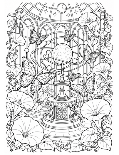 Butterfly Orrery In A Moonflower Atrium printable coloring page from the butterfly coloring pages collection
