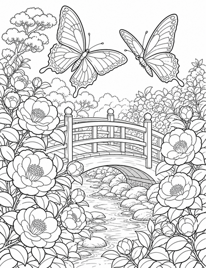 Butterfly Pair Over A Camellia Footbridge printable coloring page from the butterfly coloring pages collection