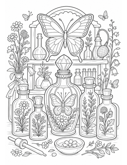 Butterfly Perfume Studio With Wildflower Bottles printable coloring page from the butterfly coloring pages collection