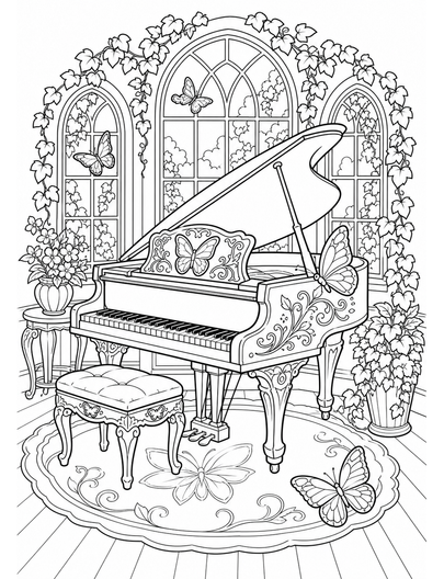 Butterfly Piano Parlor With Ivy Windows printable coloring page from the butterfly coloring pages collection